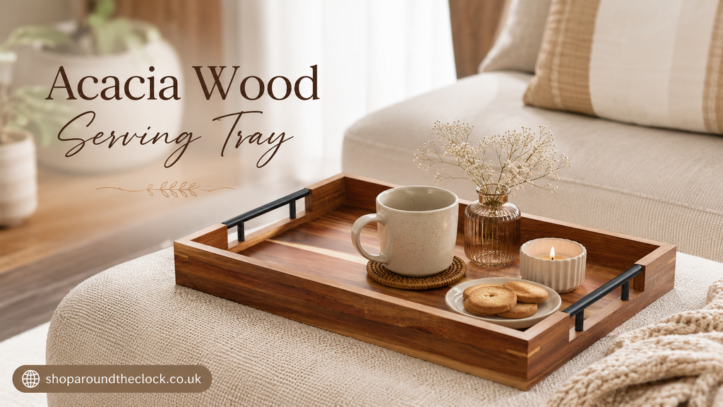 Acacia Wood Serving Tray With Metal Handles