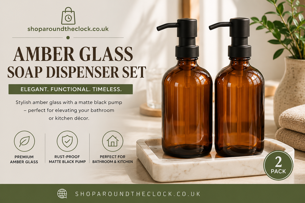 Amber Glass Soap Dispenser Set