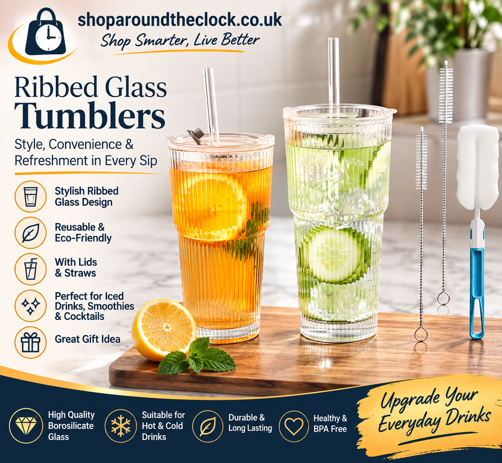 Ribbed Glass Tumblers With Lids And Straws